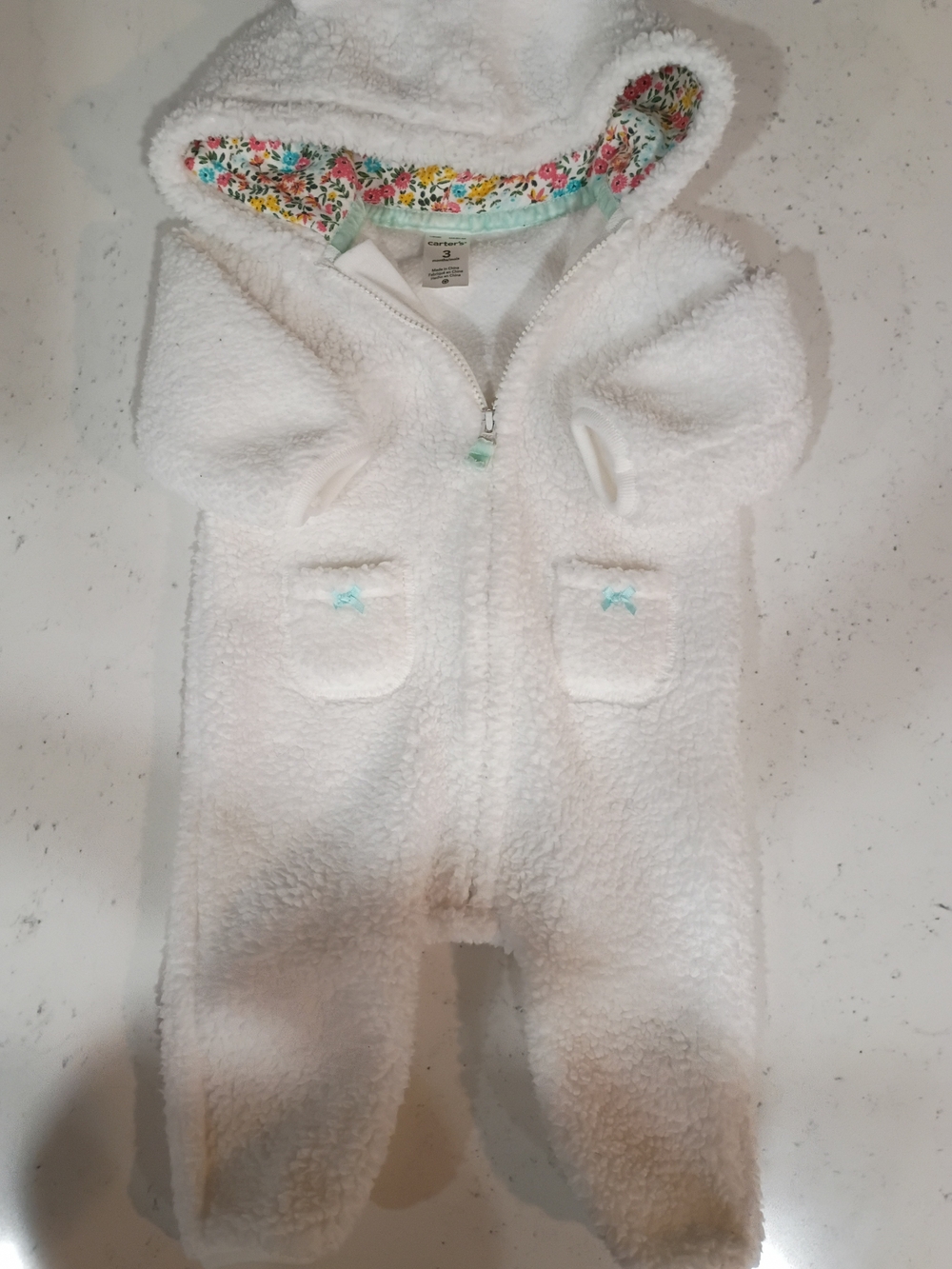 Carter's White Sherpa Hooded Baby One-Piece with Floral Hood Lining 3 Months